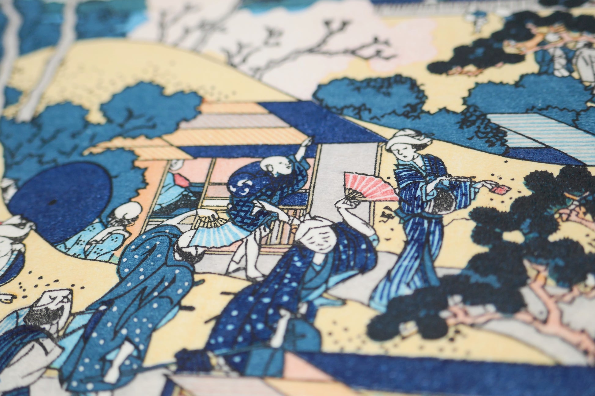 Détail foule animée estampe japonaise Hokusai vie quotidienne époque Edo ambiance festive hanami, 36 vues du mont fuji