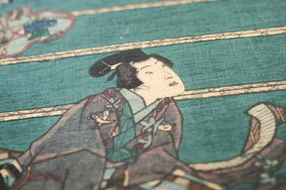 Détail du visage d’un personnage noble assis dans une estampe japonaise originale liée au Dit du Genji par Utagawa Kunisada