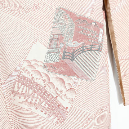 Scènes d’Edo et Kyoto sur le brocart du haori, avec ponts, architectures traditionnelles et paysages inspirés de l’ukiyo-e