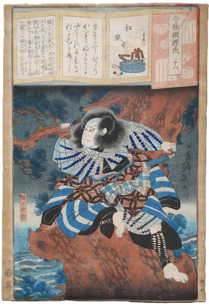 Détourage de l’estampe de Yoshiiku montrant le guerrier Higuchi Jirō Kanemitsu, série Imayō Nazorae Genji, chapitre Matsukaze, 1863.