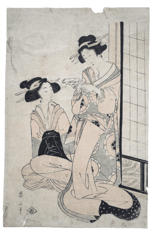 Deux femmes élégantes en kimono dans un intérieur japonais, estampe bijin-ga de Kikugawa Eizan, début XIXe siècle.