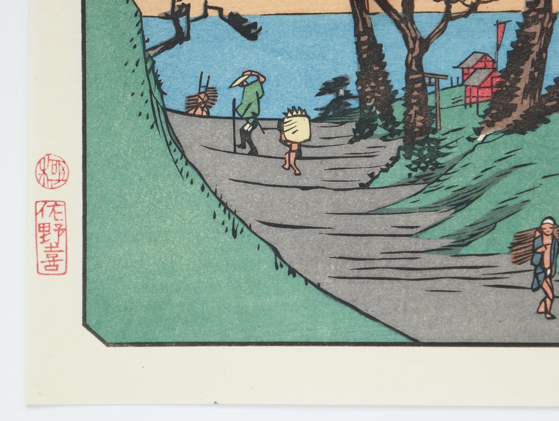 Détail de l'estampe Shirasuka, sceau de l'éditeur Sanoki et sceau kiwame visibles en bas à gauche