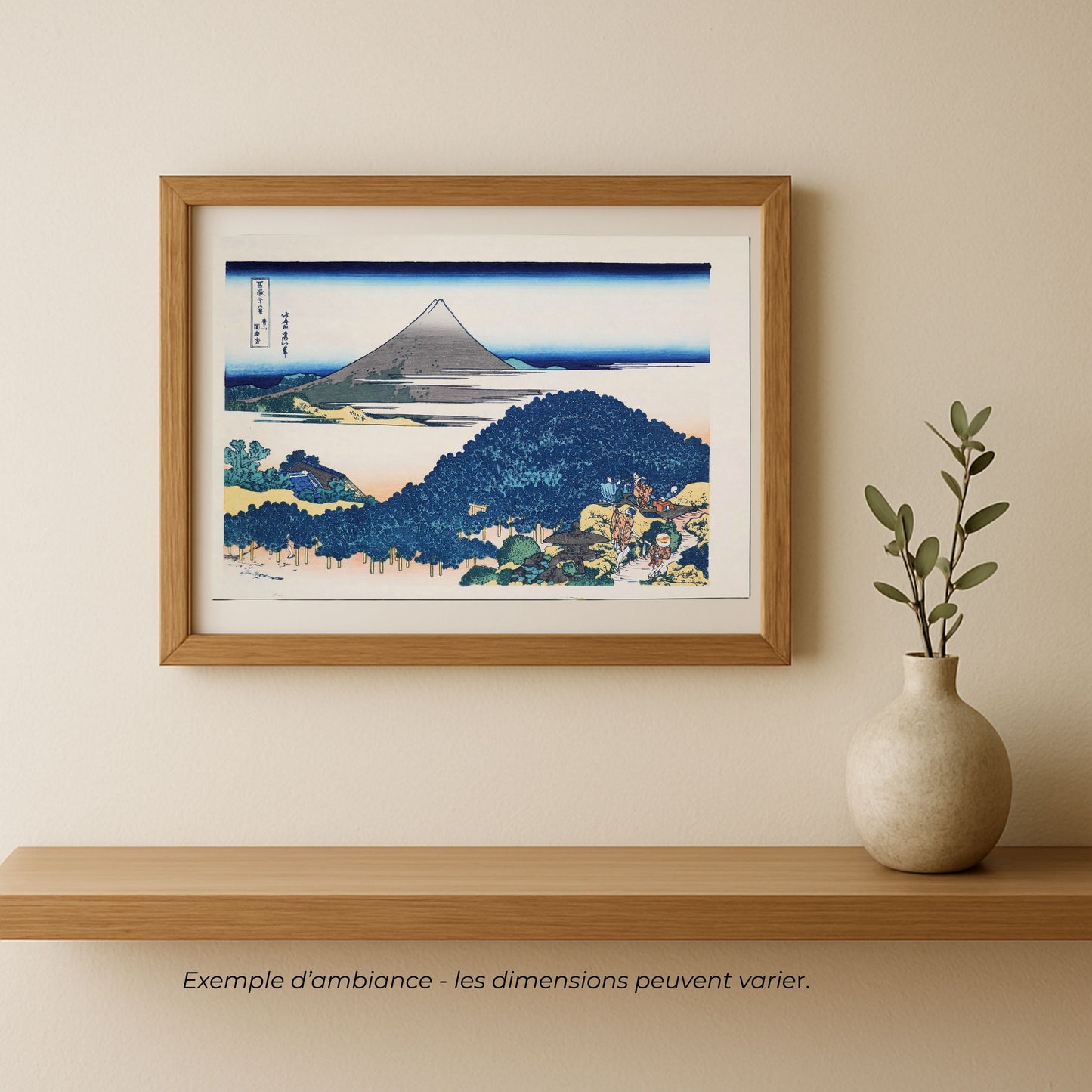 Estampe japonaise de Hokusai Le Pin-coussin à Aoyama encadrée dans un intérieur, réédition Shōwa Yūyūdō des Trente-six vues du mont Fuji