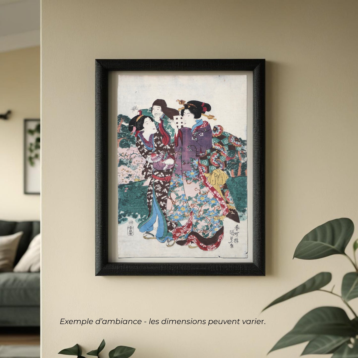 Mise en situation décorative d’une estampe japonaise authentique de Kunisada Toyokuni III, art ukiyo-e ancien pour décoration murale japonaise