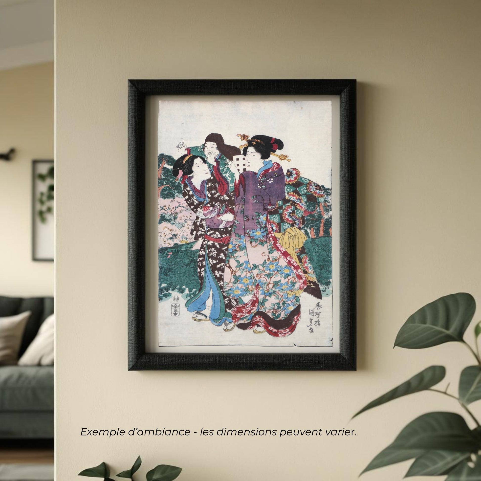Mise en situation décorative d’une estampe japonaise authentique de Kunisada Toyokuni III, art ukiyo-e ancien pour décoration murale japonaise