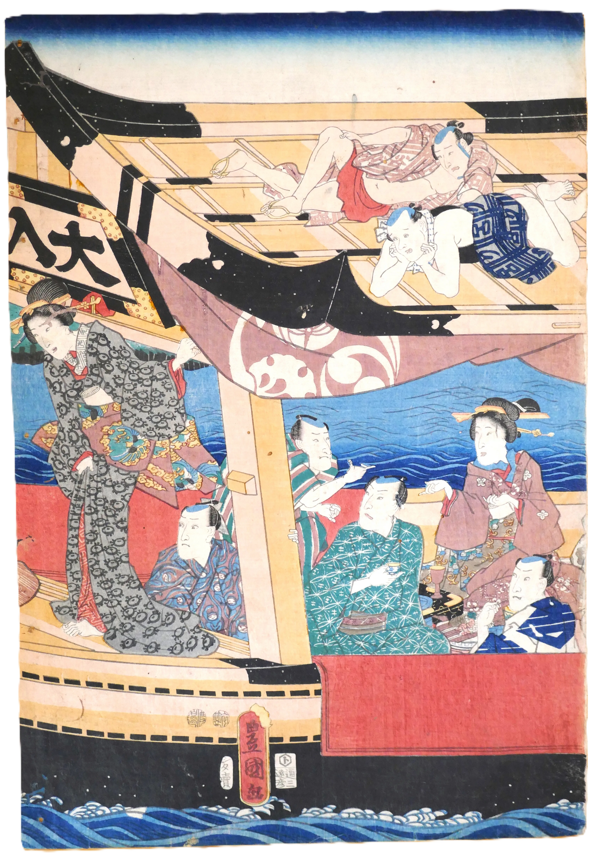 Estampe japonaise originale Edo yakusha-e par Utagawa Kunisada Toyokuni III, acteurs de kabuki sur le bateau Ôiri-maru, représentant les acteurs de Kabuki remplissant les salles de théâtre, ukiyo-e authentique