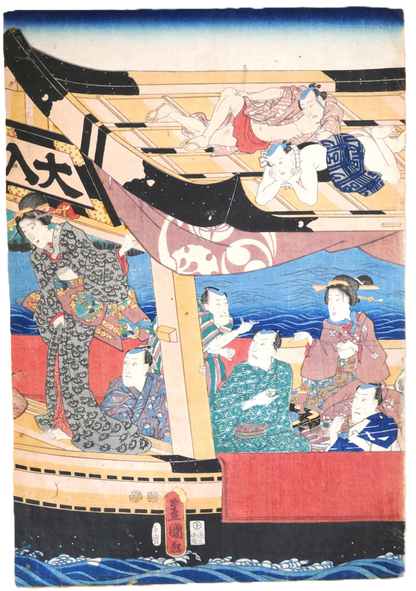 Estampe japonaise originale Edo yakusha-e par Utagawa Kunisada Toyokuni III, acteurs de kabuki sur le bateau Ôiri-maru, représentant les acteurs de Kabuki remplissant les salles de théâtre, ukiyo-e authentique