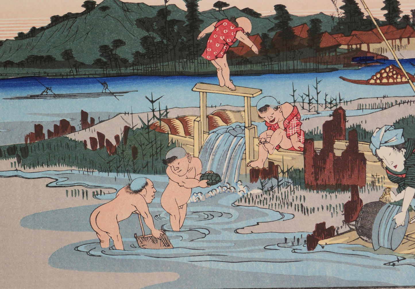 Détail de l’estampe japonaise Kuragano Station: The Karasu River par Eisen, enfants se baignant dans la rivière Karasu, ukiyo-e Kisokaidō