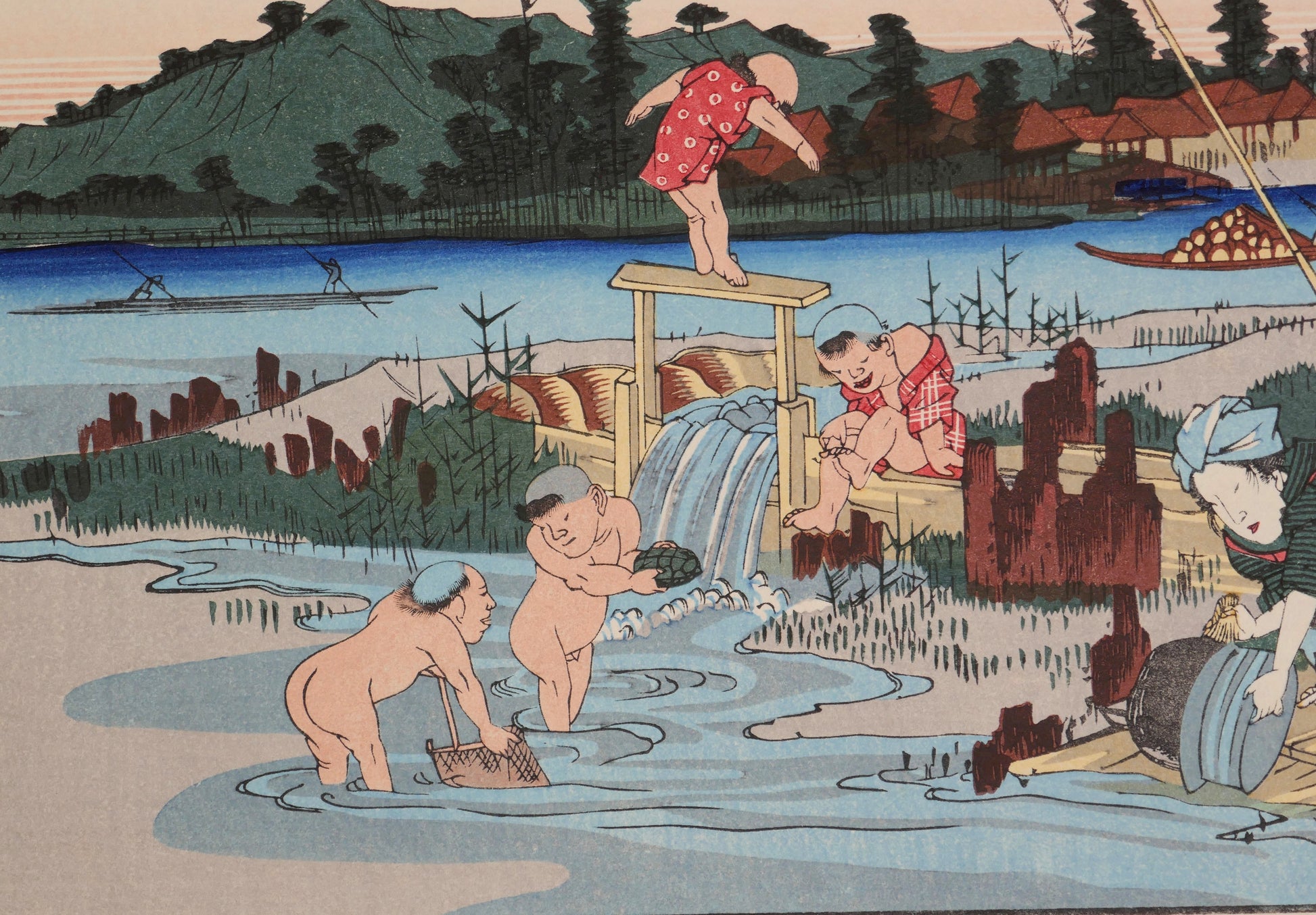 Détail de l’estampe japonaise Kuragano Station: The Karasu River par Eisen, enfants se baignant dans la rivière Karasu, ukiyo-e Kisokaidō