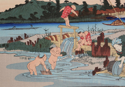 Détail de l’estampe japonaise Kuragano Station: The Karasu River par Eisen, enfants se baignant dans la rivière Karasu, ukiyo-e Kisokaidō