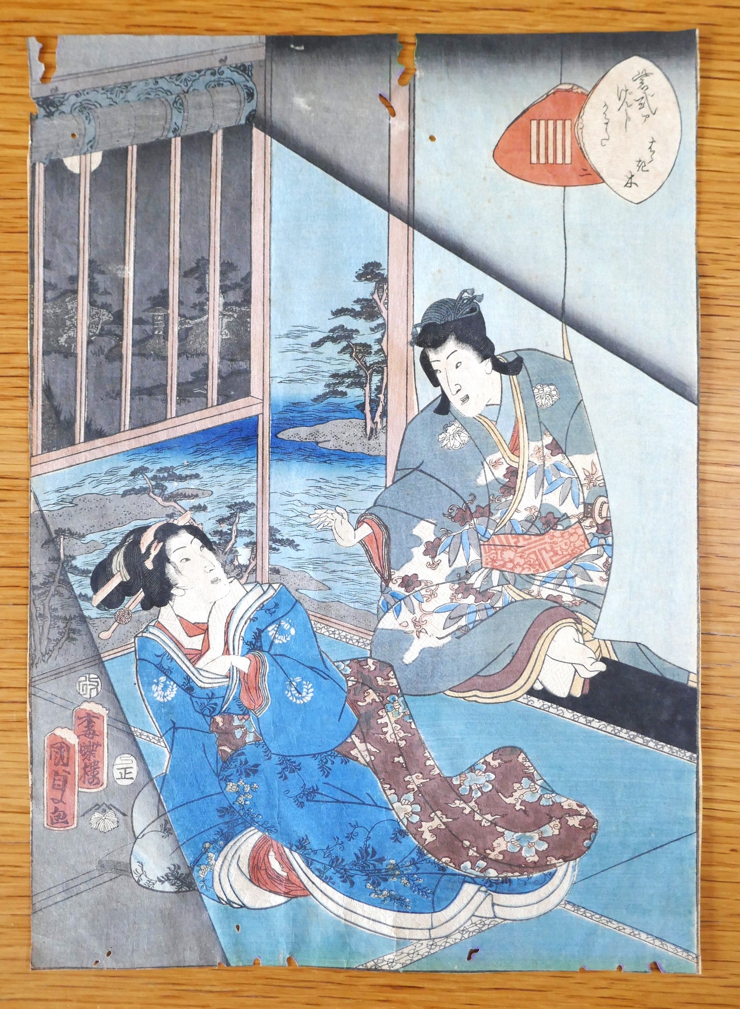 Estampe japonaise ancienne de Kunisada II, série Genji Karuta, scène complète avec deux personnages à l’intérieur.