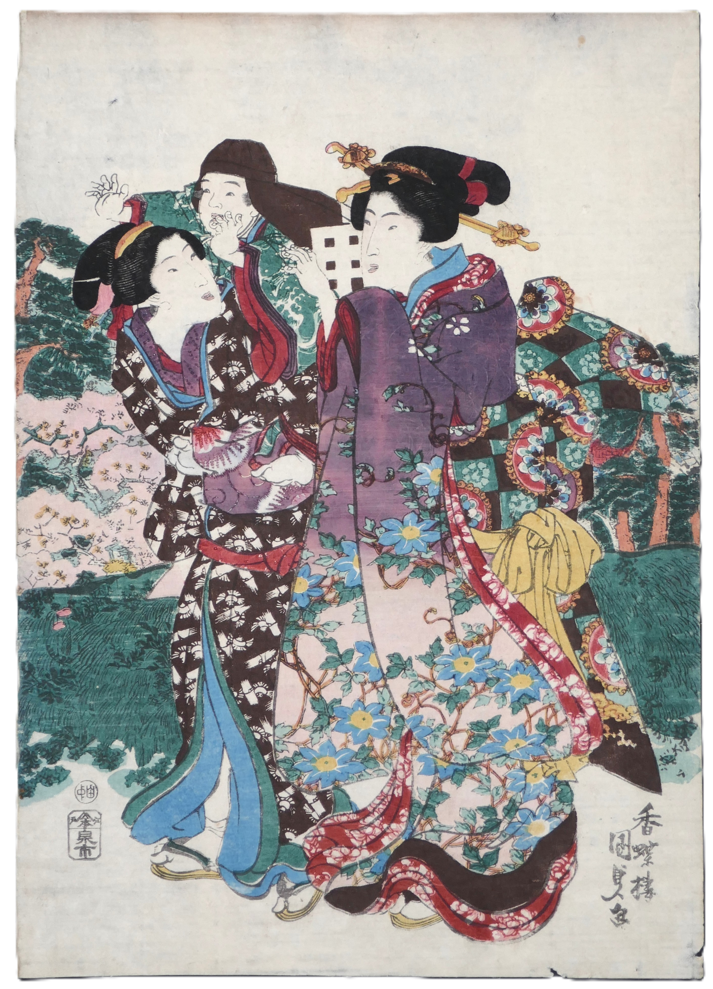 Estampe japonaise originale authentique par Kunisada Toyokuni III, bijin-ga avec deux femmes en kimono et un enfant, époque Edo