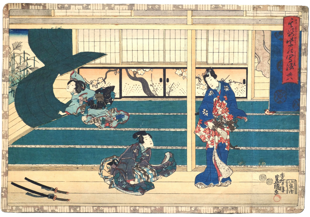 Estampe japonaise originale de l’époque Edo par Toyokuni III Kunisada, scène du Dit du Genji représentant le chapitre 38 suzumushi, 1851