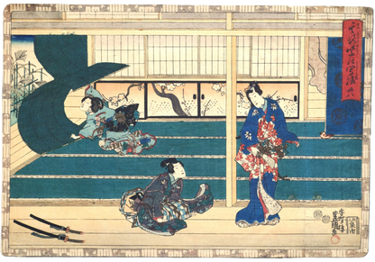 Estampe japonaise originale de l’époque Edo par Toyokuni III Kunisada, scène du Dit du Genji représentant le chapitre 38 suzumushi, 1851