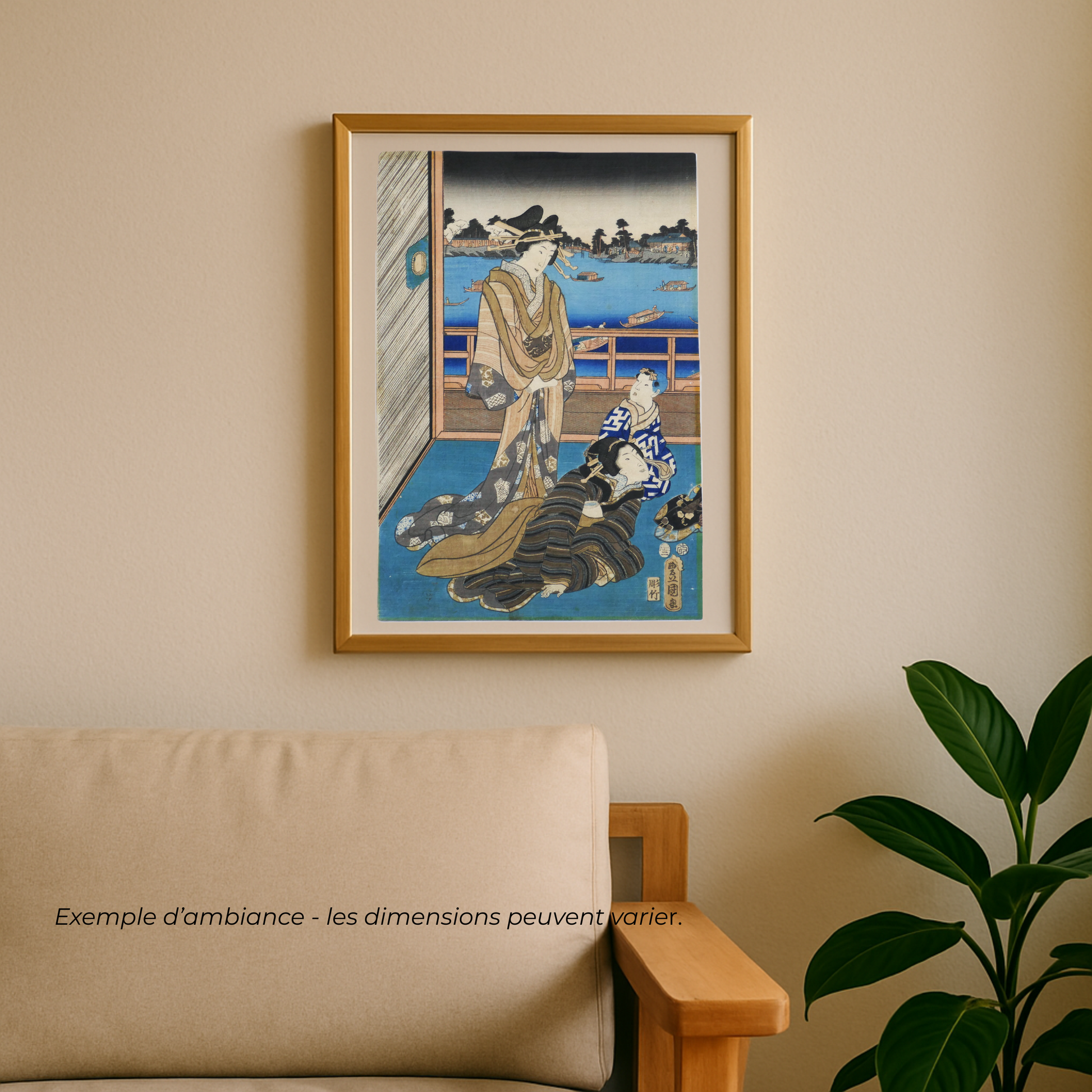 Exemple d’ambiance avec estampe japonaise originale ukiyo-e de Kunisada Toyokuni III encadrée, idéale pour une décoration japonaise authentique et raffinée.