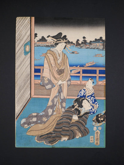 Estampe japonaise originale ukiyo-e de Kunisada Toyokuni III représentant des femmes lisant une lettre dans un pavillon au bord de l’eau, format oban tate-e, Edo 1856.