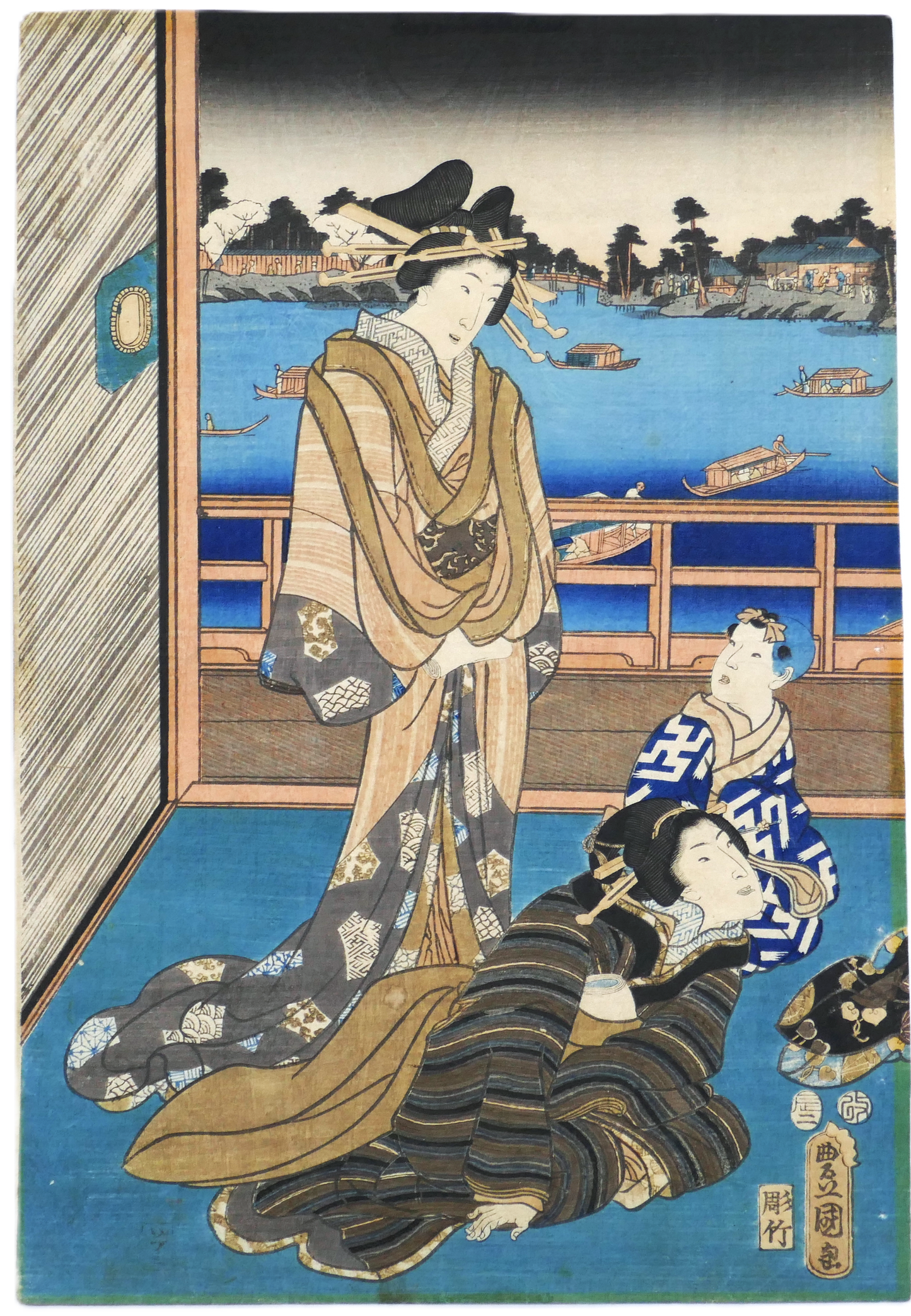 Estampe japonaise originale ukiyo-e de Kunisada Toyokuni III représentant des femmes lisant une lettre dans un pavillon au bord de l’eau, époque Edo, 1856, format oban tate-e.