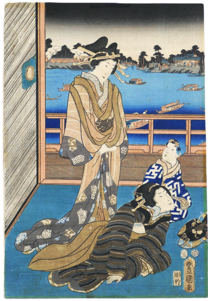 Estampe japonaise originale ukiyo-e de Kunisada Toyokuni III représentant des femmes lisant une lettre dans un pavillon au bord de l’eau, époque Edo, 1856, format oban tate-e.