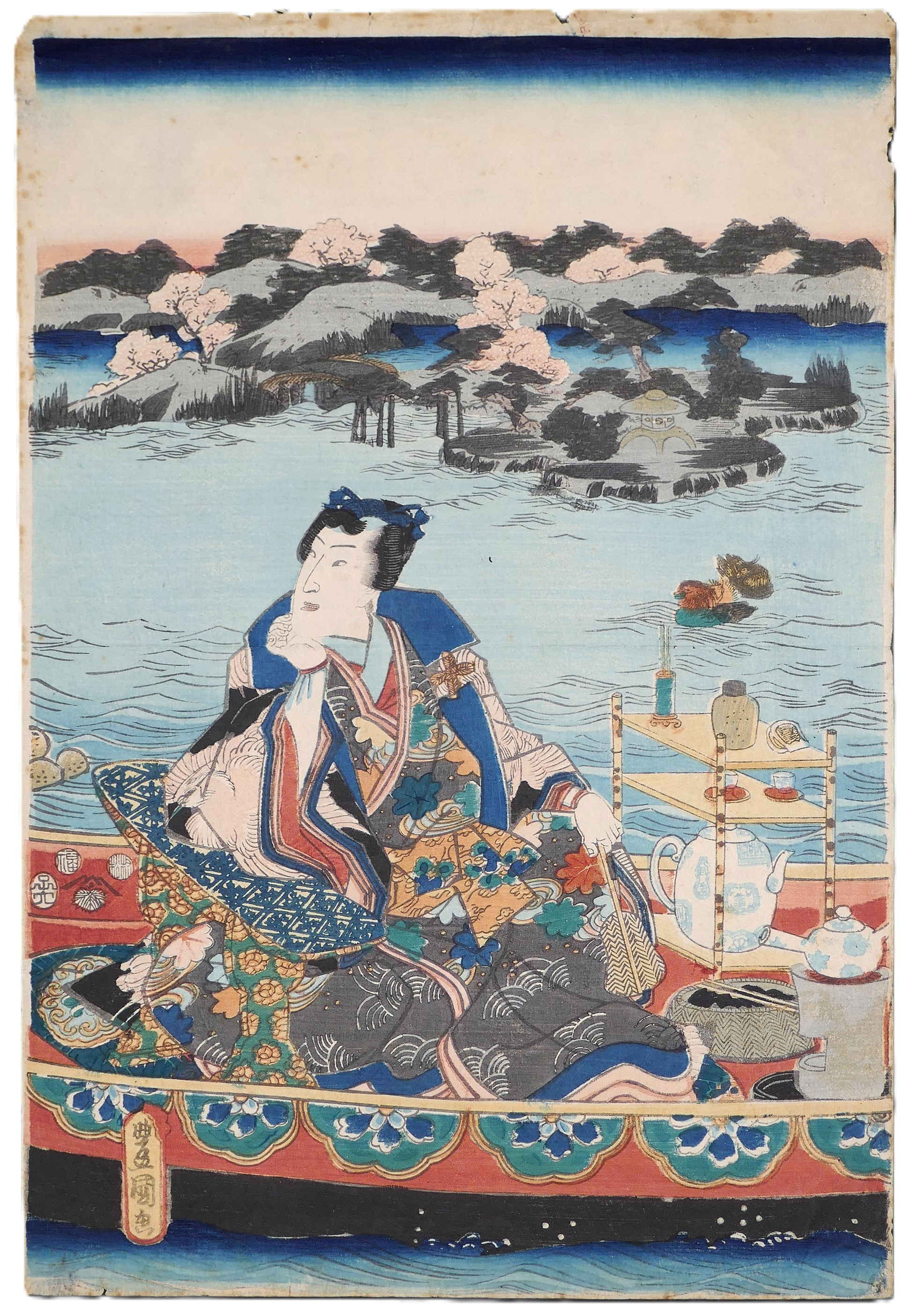 Estampe japonaise originale ôban de Toyokuni III, Fête du printemps en bateau de style chinois, Edo 1852