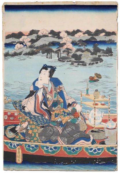 Estampe japonaise originale ôban de Toyokuni III, Fête du printemps en bateau de style chinois, Edo 1852
