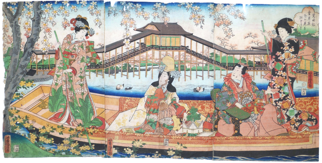 Estampe japonaise triptyque d’Utagawa Yoshitora représentant une scène de hanami sur un bateau Asazuma avec cerisiers en fleurs et femmes en kimono