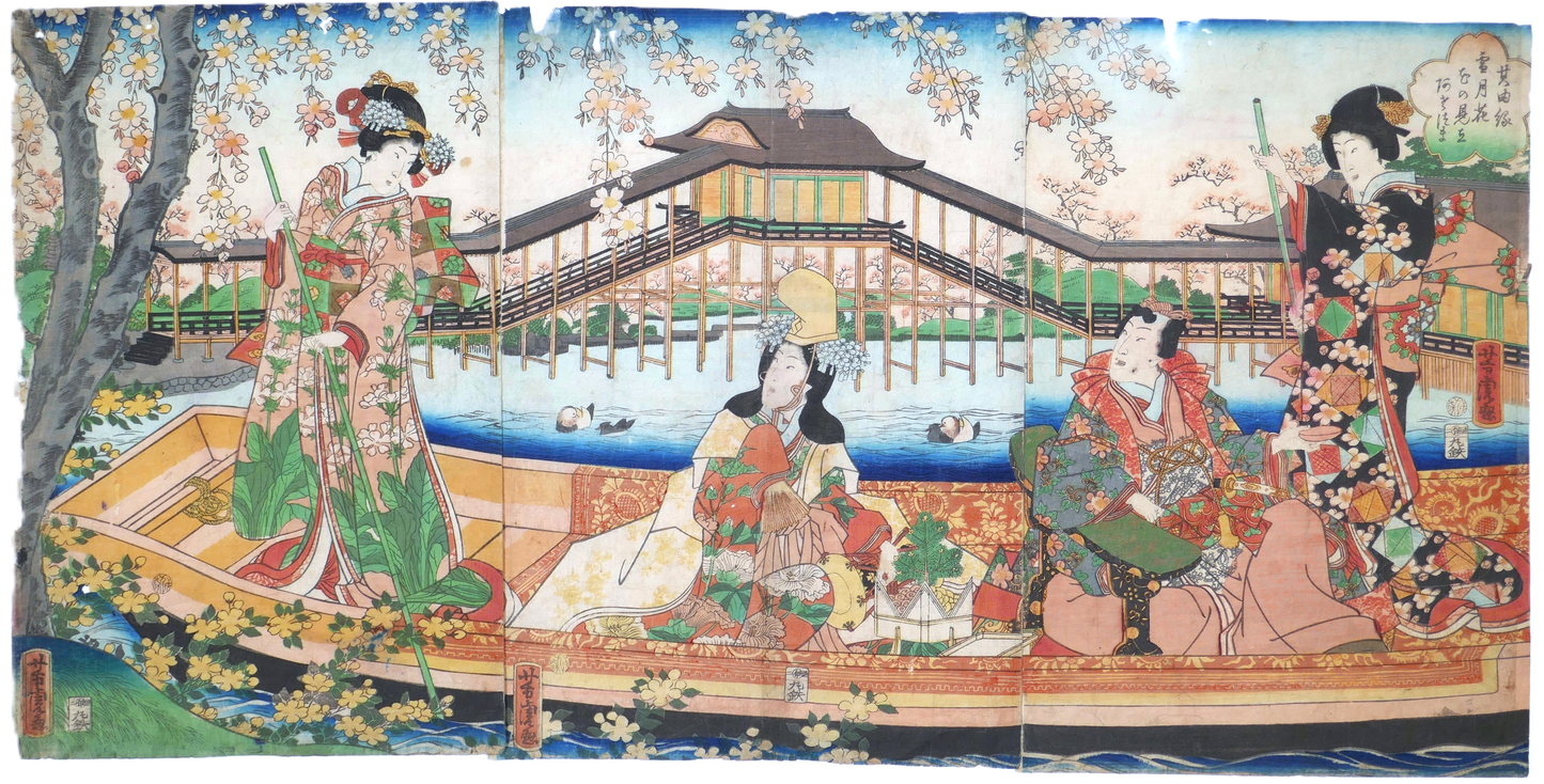 Estampe japonaise triptyque d’Utagawa Yoshitora représentant une scène de hanami sur un bateau Asazuma avec cerisiers en fleurs et femmes en kimono