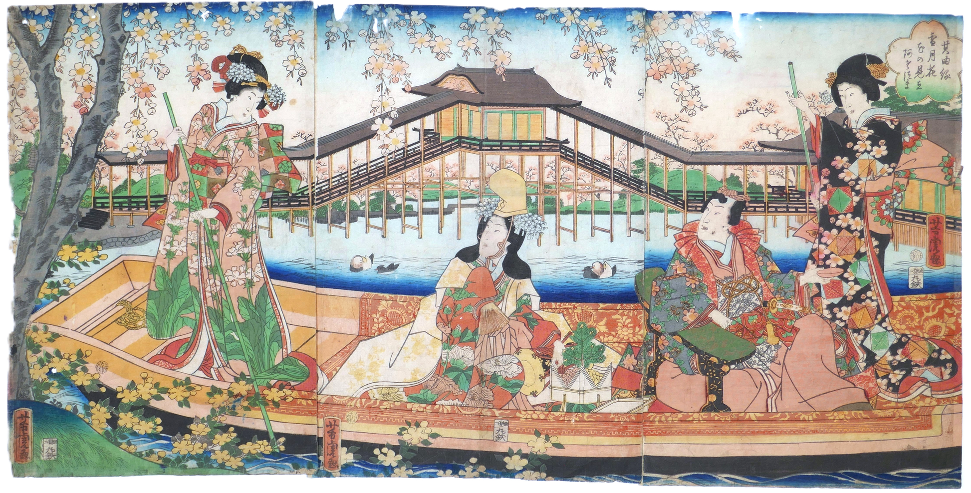 Estampe japonaise triptyque d’Utagawa Yoshitora représentant une scène de hanami sur un bateau Asazuma avec cerisiers en fleurs et femmes en kimono