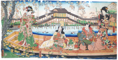 Estampe japonaise triptyque d’Utagawa Yoshitora représentant une scène de hanami sur un bateau Asazuma avec cerisiers en fleurs et femmes en kimono