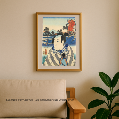mise en scène dans un salon d'une véritable estampe japnaise ancienne de Toyokuni 3 Kunisada représentant Date no Yosaku de la série de 53 stations du Tokaido