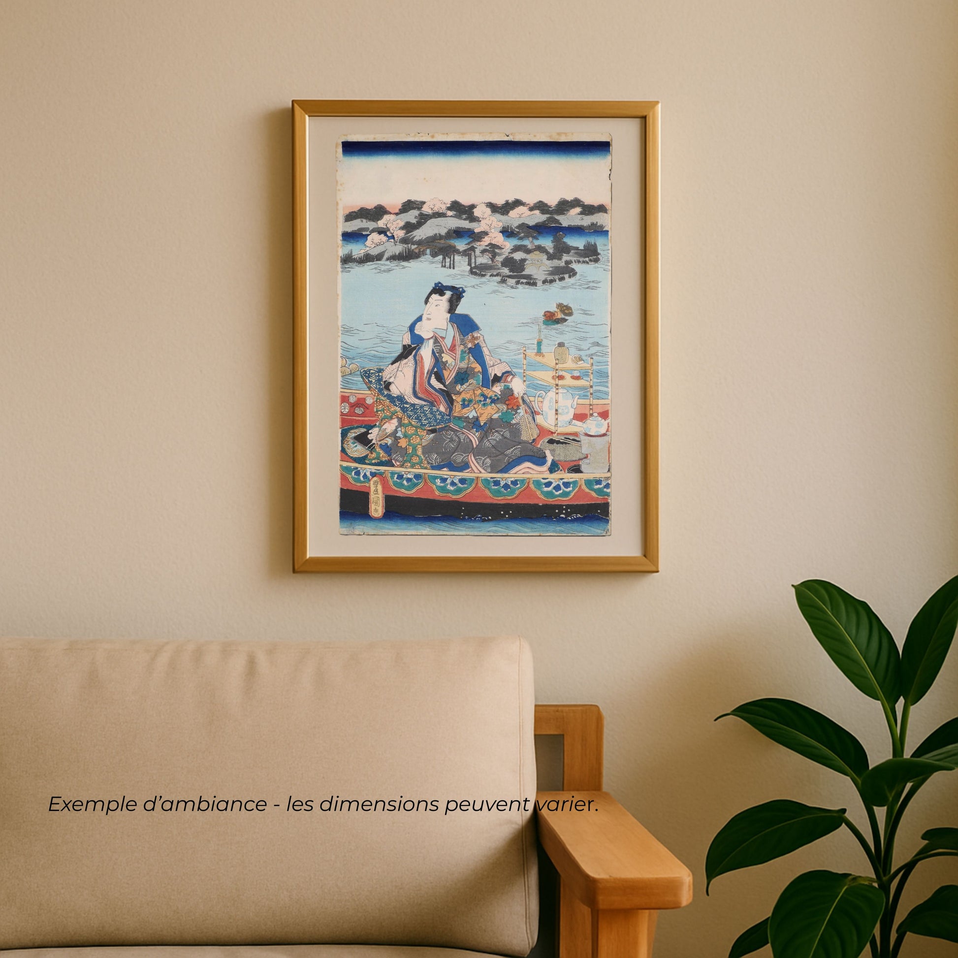 Estampe japonaise originale de Kunisada présentée encadrée dans un intérieur, exemple de décoration murale