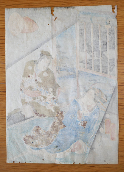 Vue du dos de l’estampe Hahakagi, série Genji Karuta, laissant apparaître les pigments et la finesse du papier.