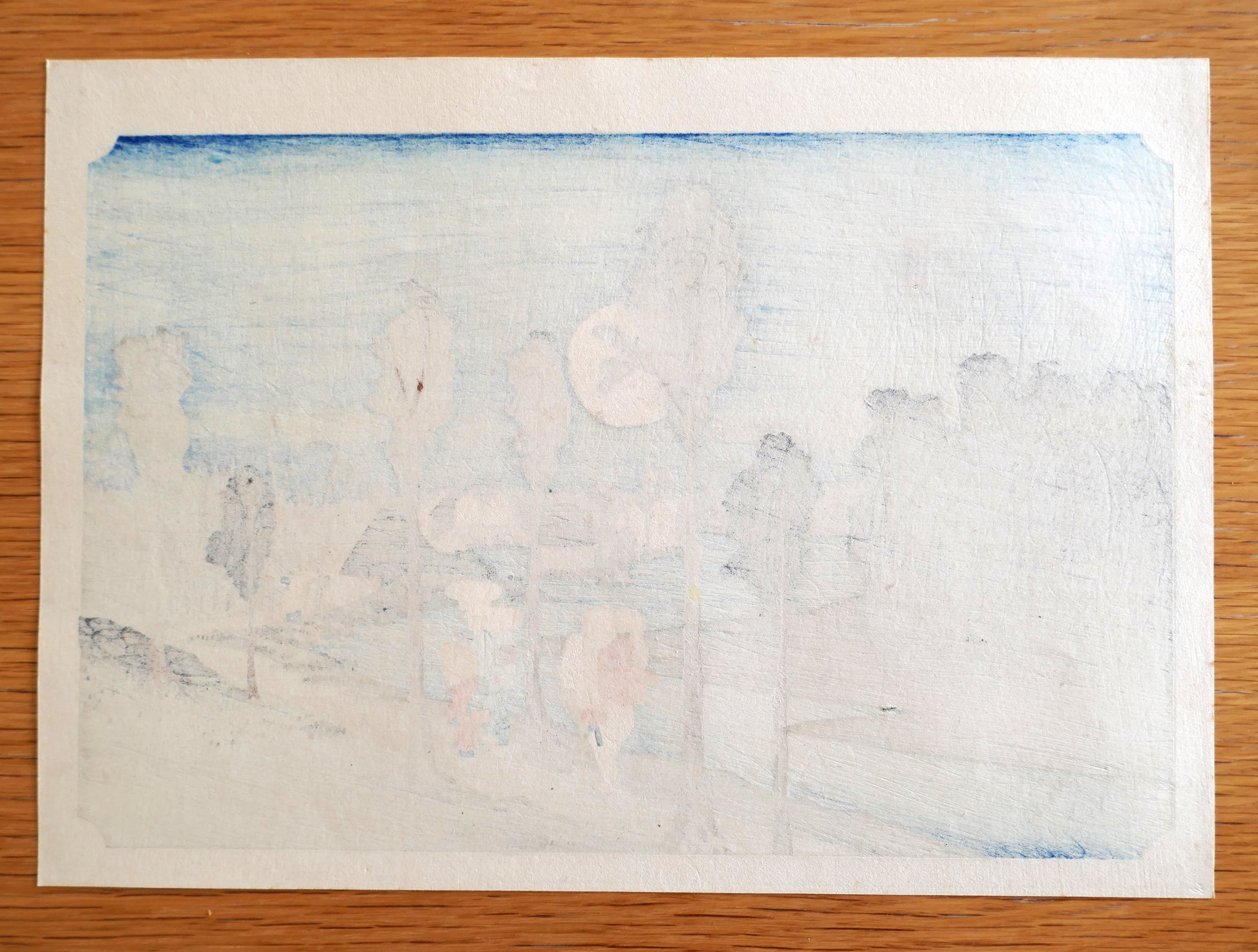 Verso de l'estampe Numazu montrant les couleurs traversant le papier, série des 53 stations du Tokaido de Hiroshige, édition Taishō 1926.