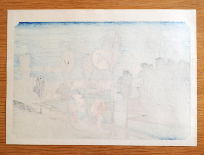 Verso de l'estampe Numazu montrant les couleurs traversant le papier, série des 53 stations du Tokaido de Hiroshige, édition Taishō 1926.