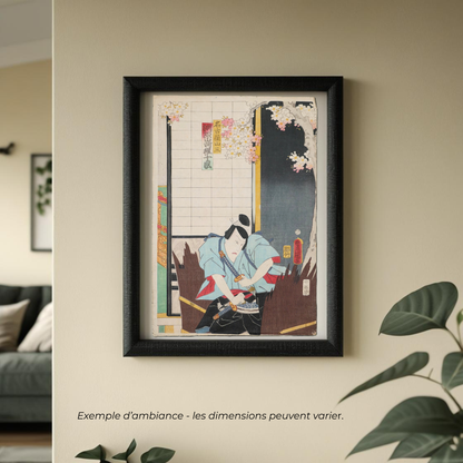 Estampe japonaise ancienne de Kunisada Toyokuni III représentant le samouraï Nagoya Sanza, présentée encadrée comme décoration murale d’art japonais authentique.