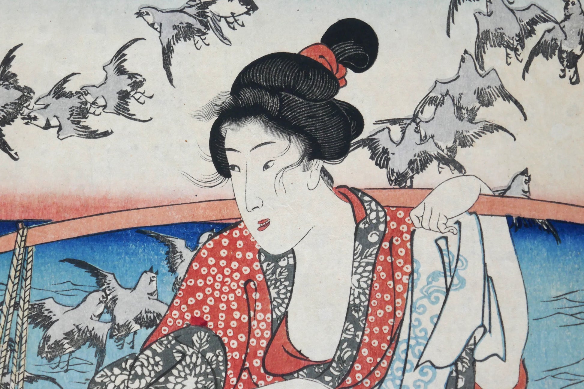 Visage féminin à l’expression délicate sur estampe ukiyo-e de Kuniyoshi, art japonais du XIXe siècle