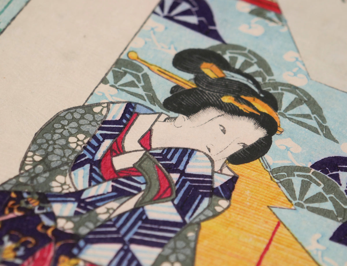 Détail d’une femme en kimono dans le Genji-e de Kunisada II, estampe japonaise originale de 1864