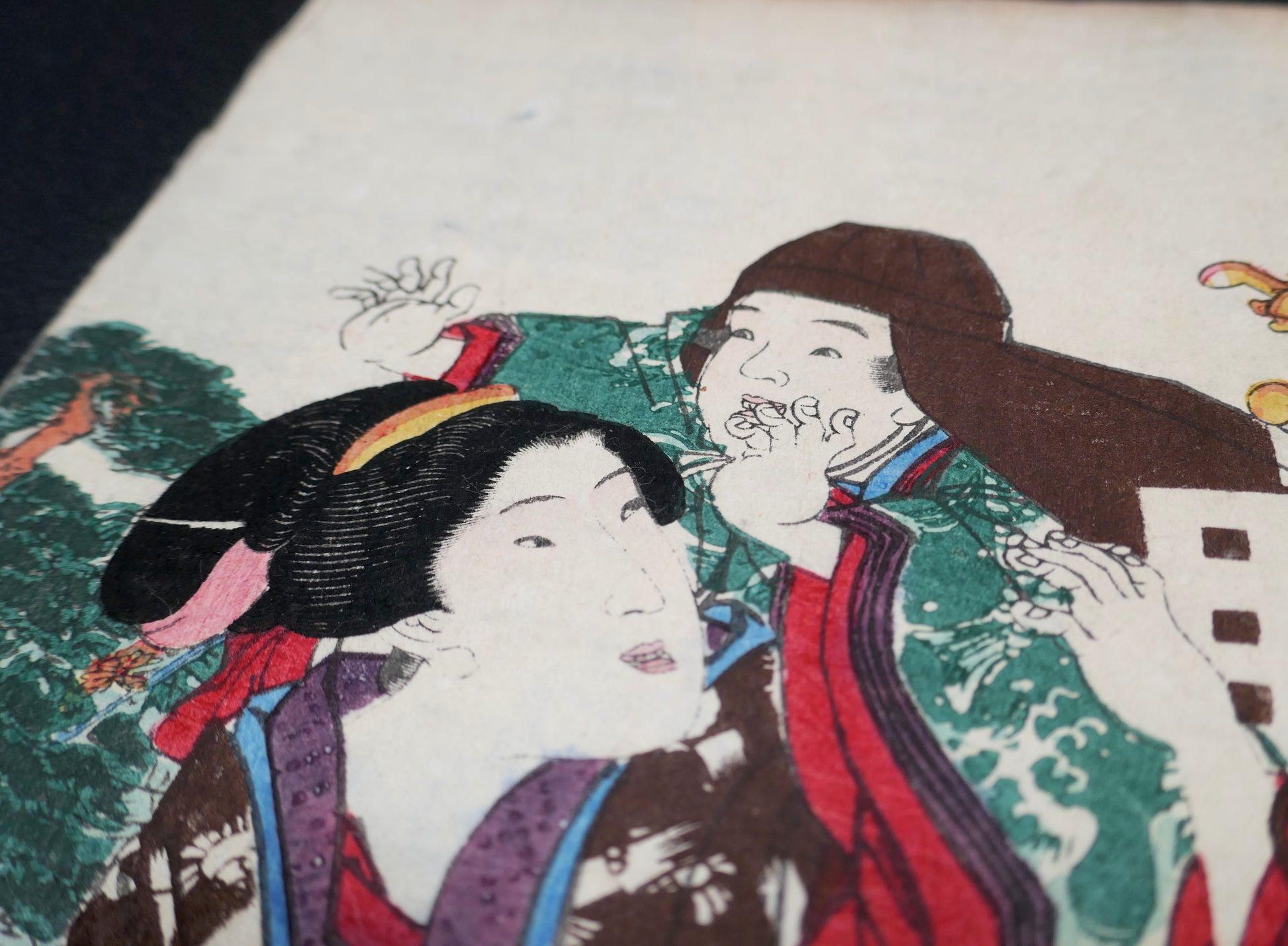 Détail des deux femmes et de l’enfant dans une scène de genre fuzoku-ga, ukiyo-e original signé Kunisada