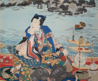 Scène de fête du printemps en bateau par Utagawa Kunisada, estampe ukiyo-e originale japonaise de 1852