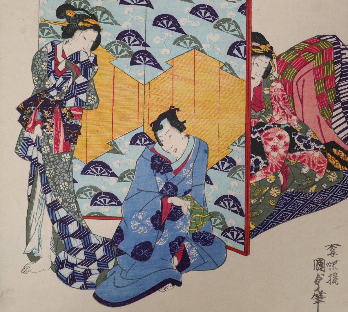 Scène de Genji-e par Kunisada II avec trois personnages en kimono, estampe nishiki-e polychrome de la fin de l’époque Edo