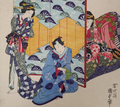 Scène de Genji-e par Kunisada II avec trois personnages en kimono, estampe nishiki-e polychrome de la fin de l’époque Edo