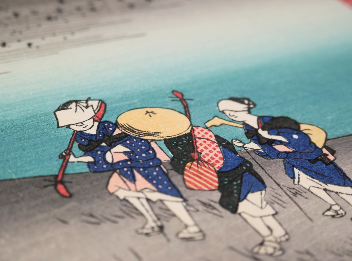 Gros plan des musiciennes itinérantes goze de Futagawa dans l’ukiyo-e du Tōkaidō d’après Utagawa Hiroshige