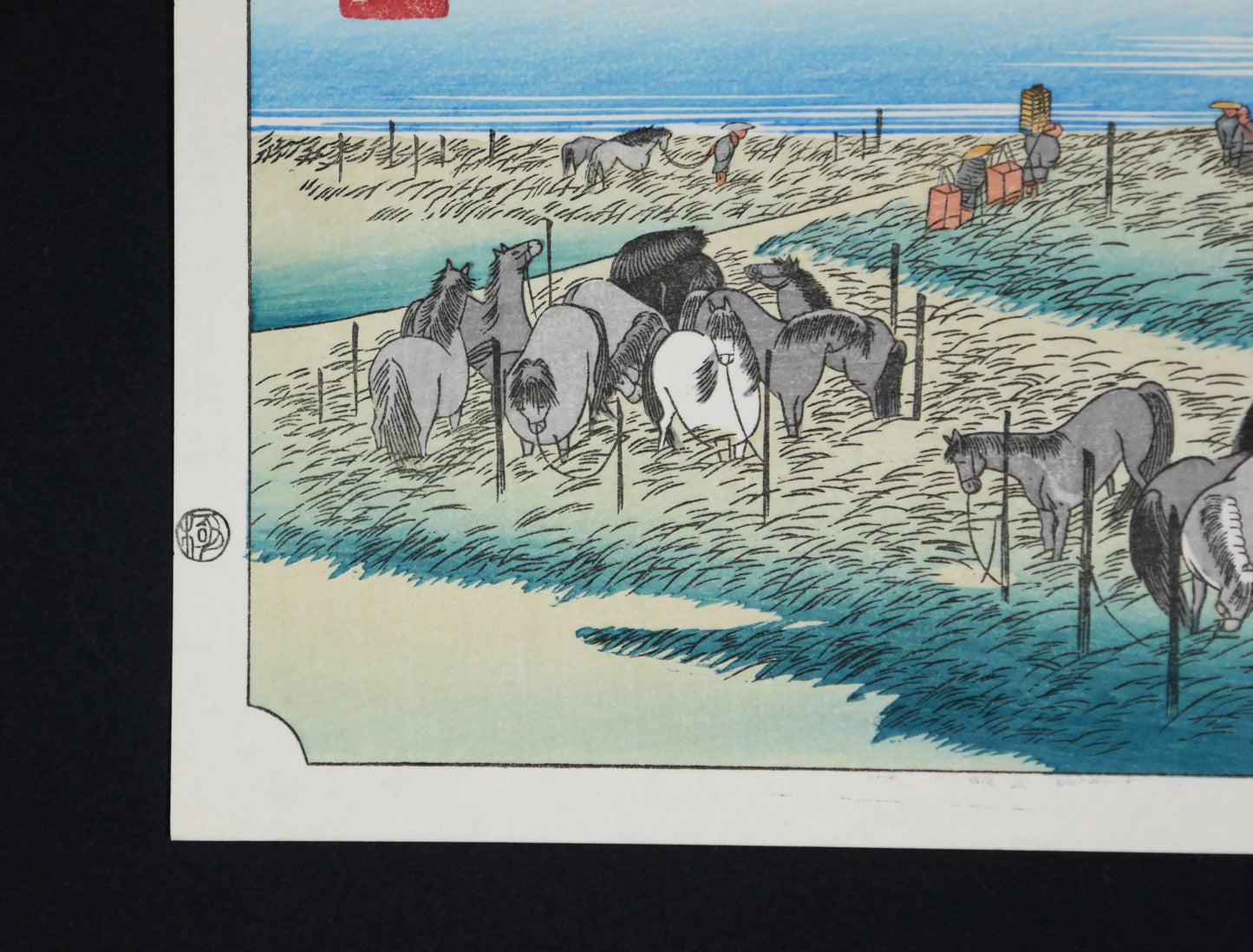 Détail des chevaux de Chiryū dans une gravure sur bois japonaise d’après Hiroshige, série du Grand Tōkaidō
