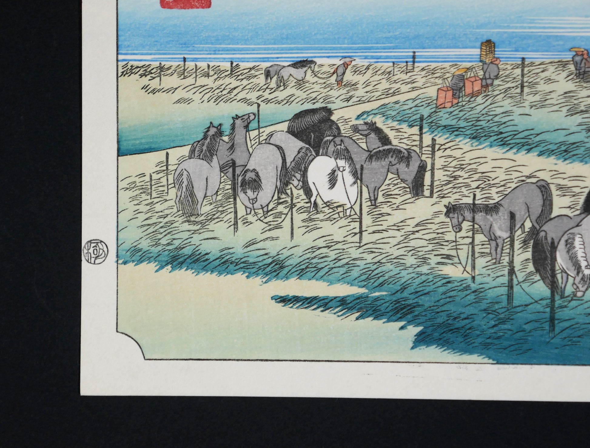 Détail des chevaux de Chiryū dans une gravure sur bois japonaise d’après Hiroshige, série du Grand Tōkaidō