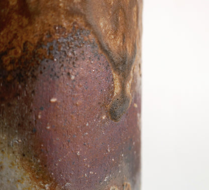 Gros plan sur une coulure de cendres vitrifiées aux tons bruns sur un vase Bizen du four Mori Hōzan-gama