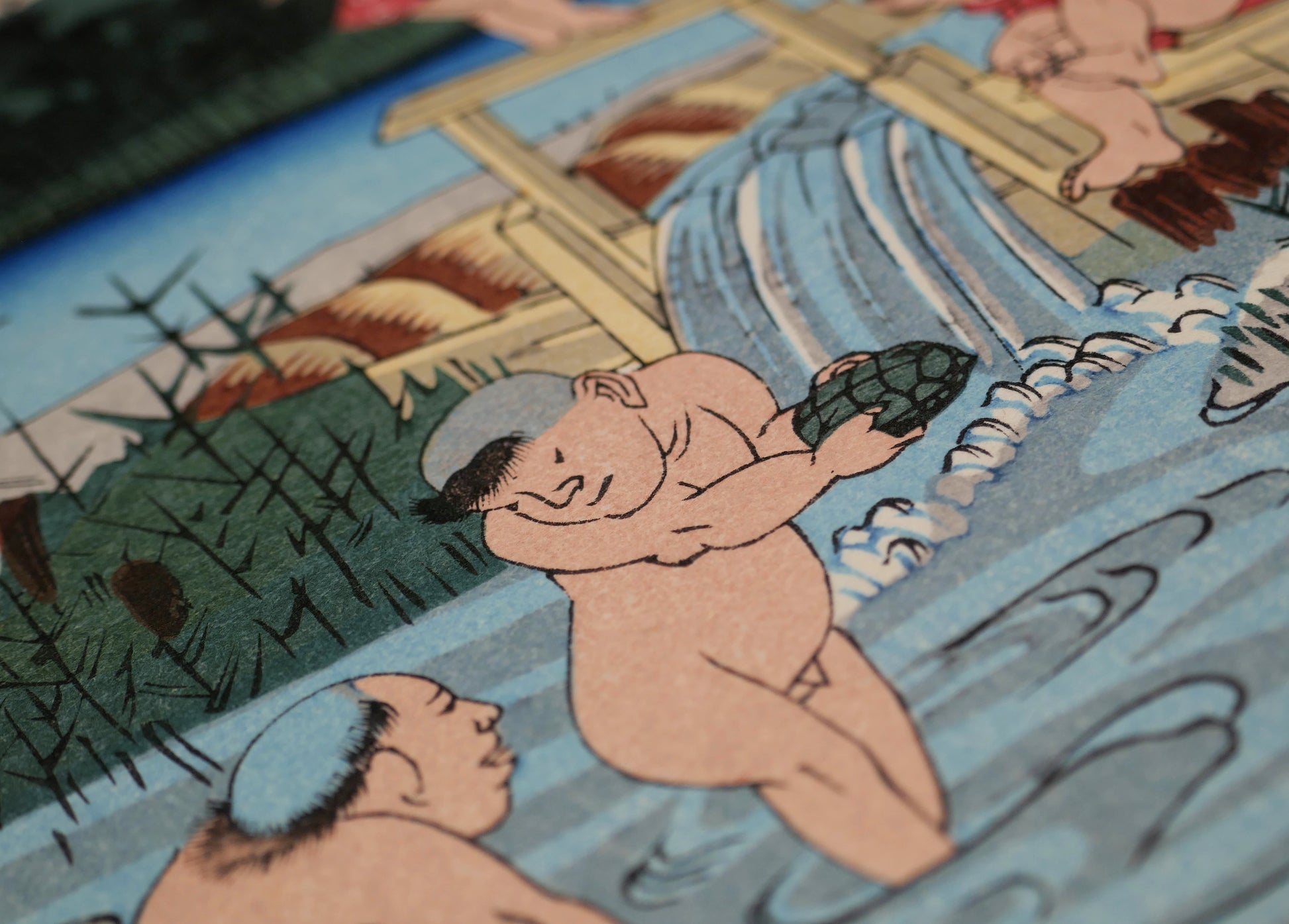 Gros plan sur les enfants dans la rivière Karasu, détail d’une gravure japonaise sur bois par Keisai Eisen, 69 stations du Kisokaidō