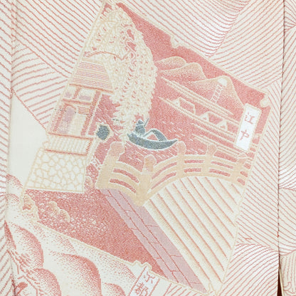 Détail du brocart de soie du haori avec paysage d’Edo, pont et architecture japonaise dans un style d’estampe ukiyo-e