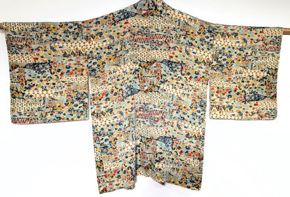 dos du haori japonais vintage en soie chirimen avec motifs floraux komon multicolores textile japonais période showa