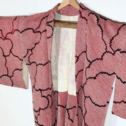 Haori en soie japonaise shibori avec doublure vintage à motifs de glycines fuji et fleurs pastel