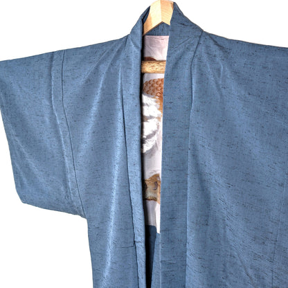 Veste kimono japonaise vintage en soie tsumugi avec doublure aigle décorée en yuzen