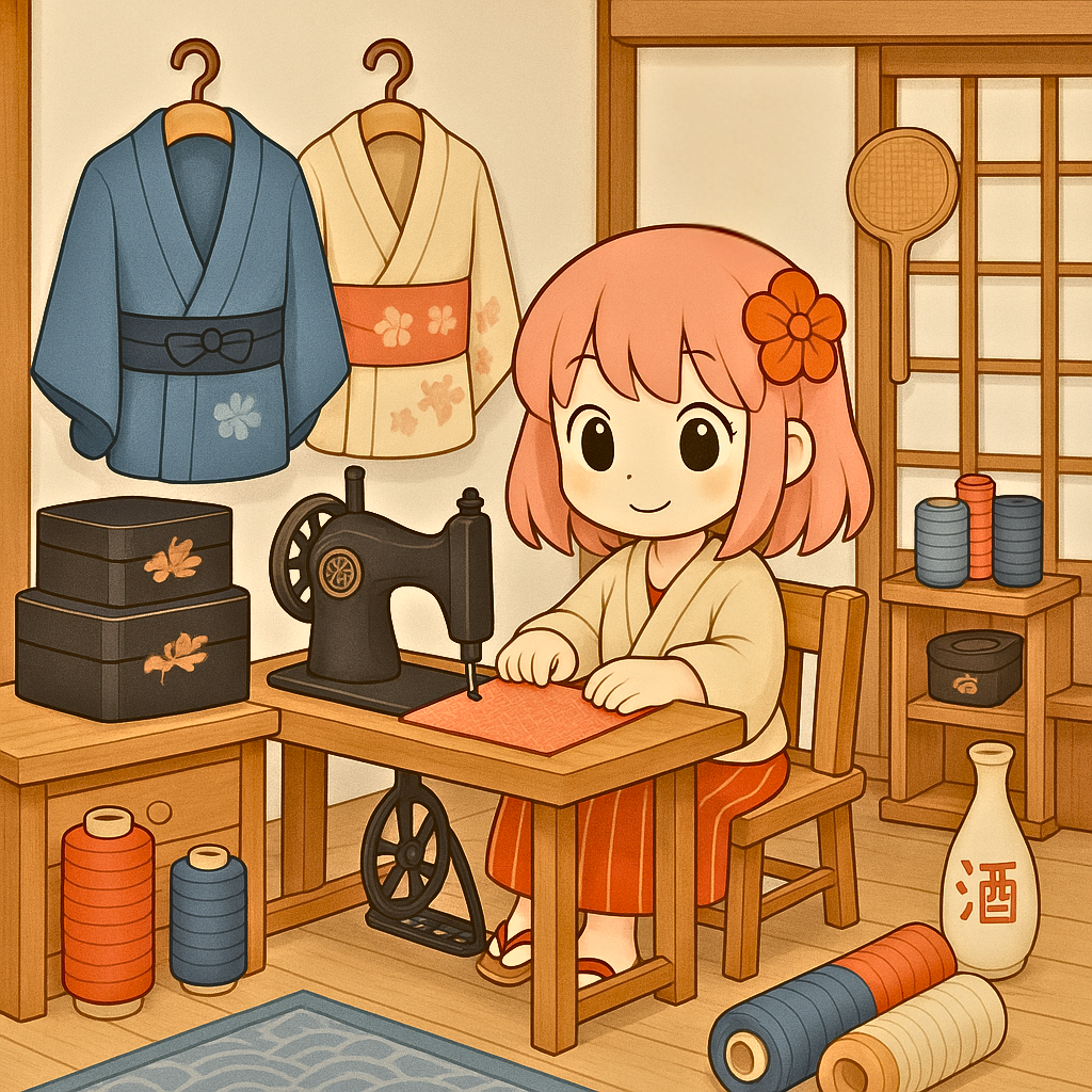 Tissu japonais rouge orné de motifs Seigaiha dorés en cours de confection sur une machine à coudre, dans un atelier artisanal. En arrière-plan, des bobines de fil multicolores illustrent le travail minutieux et créatif du haori fait main.